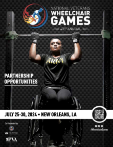 A person in a wheelchair wearing an "ARMY" t-shirt performs a pull-up against a dark, patterned background. The image promotes the 43rd Annual National Veterans Wheelchair Games, occurring from July 25-30, 2024, in New Orleans, LA.