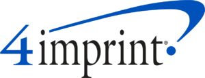 The image shows the 4imprint logo, with the number "4" in blue and the word "imprint" in black lowercase letters. There is a blue swoosh extending from the top right of the "4" that arches over the word "imprint" and ends in a dot above the letter "i.