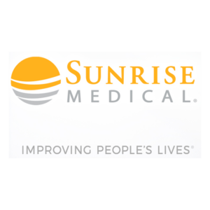 Logo of Sunrise Medical with an orange and gray icon resembling a sun above the words "Sunrise Medical" in orange and gray text. Below it, the slogan "Improving People's Lives" is written in gray.