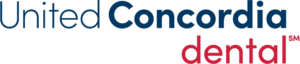Logo of United Concordia Dental. The text "United Concordia" is in blue, and "dental" is in red with a small registered service mark "SM" to the top right of "dental.