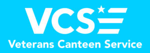 The image is a logo with a bright blue background. "VCS" is written in large white letters with a star and three white lines on the right. Below it, "Veterans Canteen Service" is written in smaller white text.