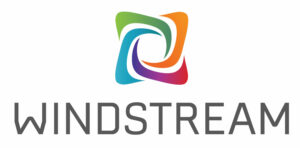 The image shows the Windstream logo, consisting of a colorful, twisted square design with green, blue, orange, and purple gradients. Below the design is the word "WINDSTREAM" in uppercase, gray letters.