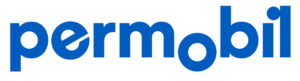The image displays the logo of Permobil, a company name written in lowercase letters using a bold blue font. The letter "o" is designed as a large circle, visually distinct from the other letters.