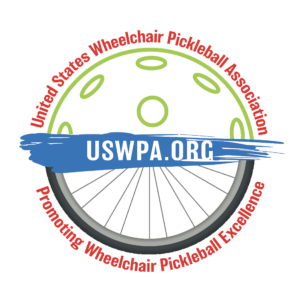 Logo of the United States Wheelchair Pickleball Association (USWPA). It features a pickleball with green holes at the top, a blue banner with "USWPA.ORG" across the center, a wheelchair wheel at the bottom, and red text encircling it that reads "Promoting Wheelchair Pickleball Excellence.
