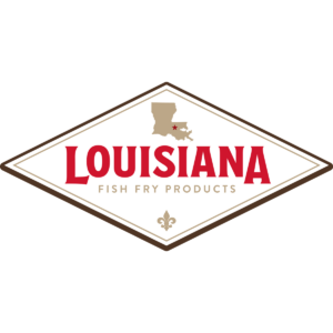 A diamond-shaped logo with a brown background and white border. Inside, there is an outline of Louisiana with a red star marking the location. The text "LOUISIANA" in bold red letters and "FISH FRY PRODUCTS" in smaller red letters is below the state outline.