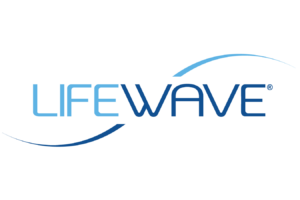 The image displays the logo of LifeWave, featuring the word "LIFEWAVE" written vertically in blue letters. The left and right edges of the text are accentuated with two wavy blue lines that curve inward.