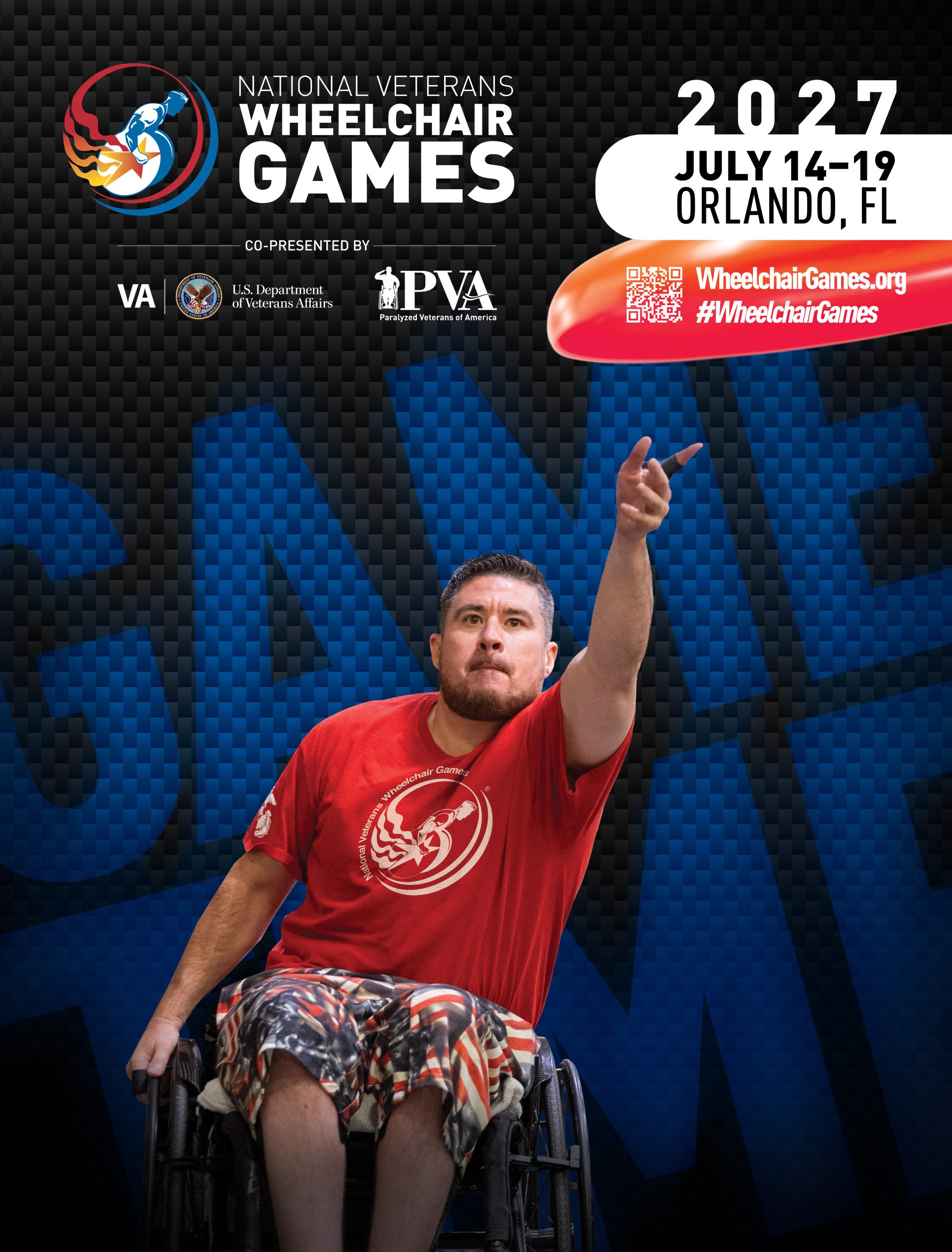 A man in a wheelchair wearing a red shirt throws a ball. Text reads: “2027 National Veterans Wheelchair Games, July 14-19, Orlando, FL.” Logos of VA, PVA, and event website are also visible.