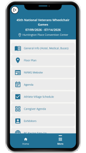 A smartphone screen displays the 45th National Veterans Wheelchair Games event info, including dates, location, and menu options for general info, floor plan, website, agenda, athlete schedule, and more.