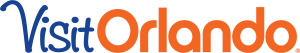 The image shows the “Visit Orlando” logo with “Visit” in blue cursive lettering and “Orlando” in bold orange letters on a white background.